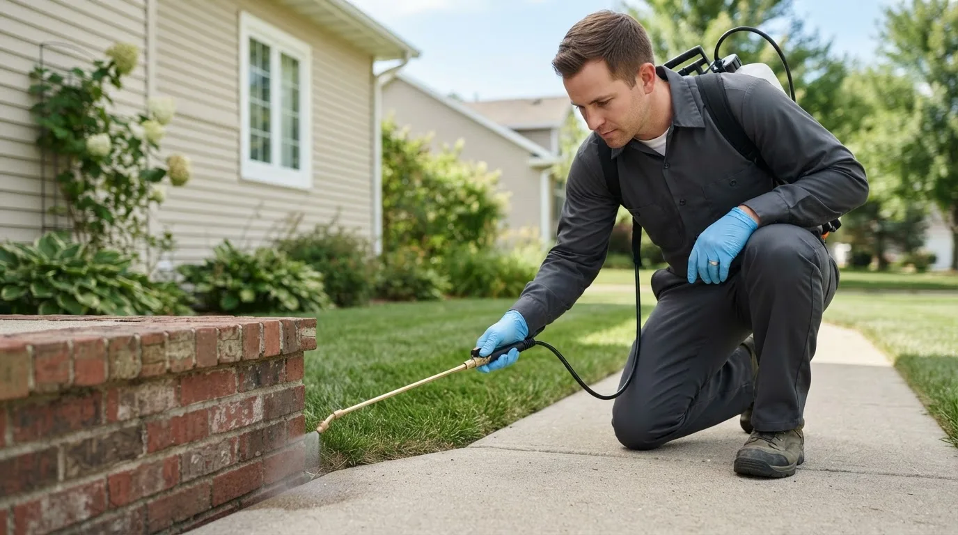Pest control technician treating a home near Meriden, IA