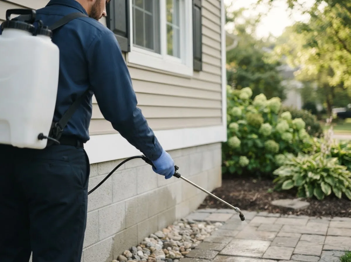 Pest control technician inspecting a home in Meriden, IA